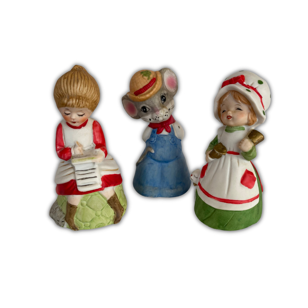 Vintage Ceramic Jasco Bells Lot of 3 - Mouse, Girl Seated Writing, Woman Apron